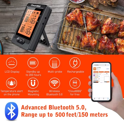 Profi digitális maghőmérő bluetooth kapcsolattal 4db hústűvel!